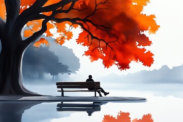 Poster - Watercolor depiction of a person sitting on a park bench, reflecting on past memories as soft colors and light evoke feelings of nostalgia