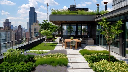 Beautiful rooftop garden in a modern city setting, featuring lush greenery, a patio with furniture, and stunning views of the cityscape.