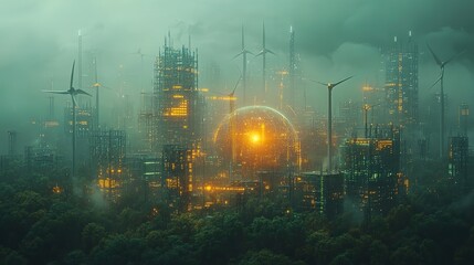 Wall Mural - a digital earth with wind turbines and solar panels captures the vision of a sustainable, green futu