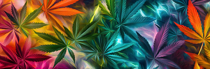 Poster - A digital artwork featuring a colorful display of cannabis leaves in a repeating pattern with a smoky effect