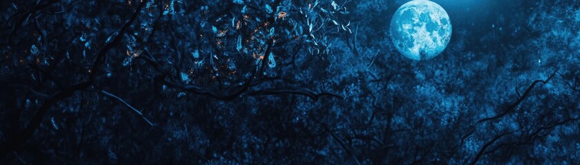 Poster - A serene night landscape featuring a luminous full moon surrounded by dark trees, creating a mystical atmosphere.