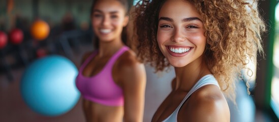 Two smiling women in sportswear, one in focus, the other out of focus,  standing in a gym with a blue exercise ball in the foreground.