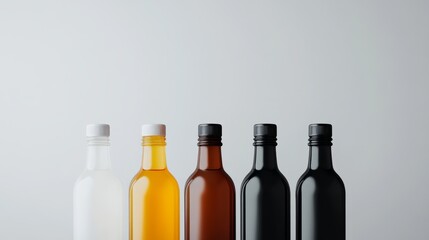 Poster - A neat arrangement of four glass bottles showcases transparent, amber, black, and frosted white designs, each with simple, elegant labeling and copy space available