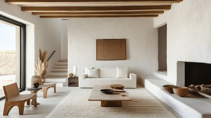 Aufkleber - A bright living room features a minimalist design with a wooden ceiling, plush seating, and natural decor