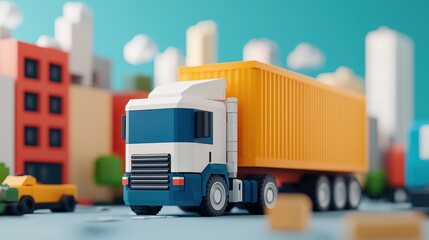 A colorful model truck with a large container drives through a miniature urban landscape, featuring vibrant buildings and a clear blue sky.