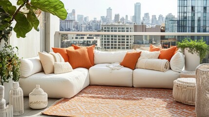 Poster - A beautifully arranged outdoor seating area features a large white sectional sofa adorned with orange cushions