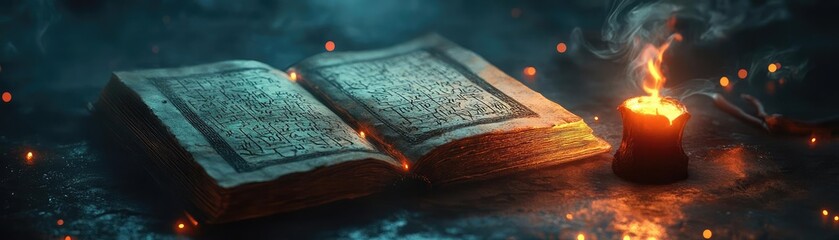 Aufkleber - A mystical scene featuring an open book and a glowing candle, surrounded by enchanting light and atmosphere.