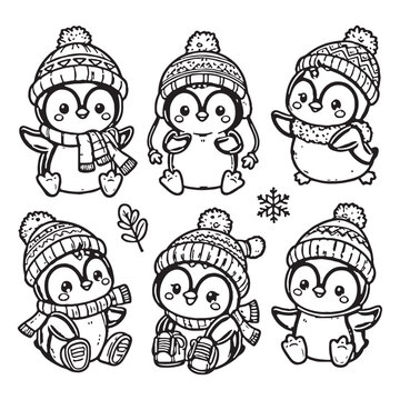 set of cute penguin for coloring page