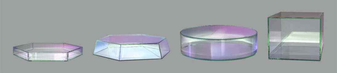Poster - Geometric glass podiums mockups set isolated on background. Vector realistic illustration of transparent 3D hexagon, cylinder, cube models with light reflection on plastic surface, product pedestals