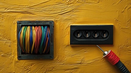 Close-up of color-coded electrical wires being connected inside a wall outlet, with a screwdriver and electrical tape nearby.