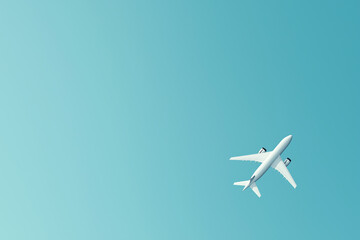 Commercial airplane soaring against clear blue sky, minimalist composition