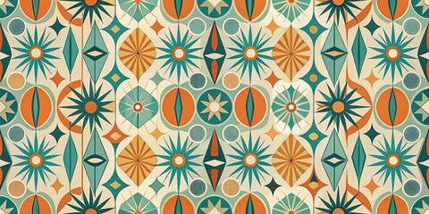 A vintage retro abstract pattern with teal blue, orange, and white shapes on a beige background