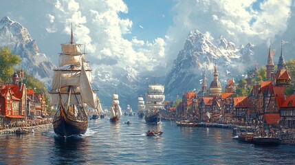 A breathtaking landscape depicting a scenic harbor surrounded by majestic mountains and vibrant architecture. The foreground features a bustling port with several sailing ships, their white sails bill