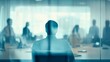 © kkkiim graphic - A blurred photograph capturing business people in an office，a high-tech company with soft yellow accents.