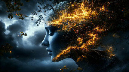 A Woman's Face Transformed into a Tree with Glowing Branches and Roots Under a Dark Sky