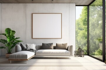 Modern Minimalist Living Room with Large Window Overlooking Lush Greenery and Stylish Furniture in a Bright, Sunlit Space