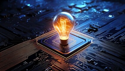 Poster - A glowing light bulb sits atop a circuit board, symbolizing innovation, technology, and the fusion of ideas in a digital landscape.