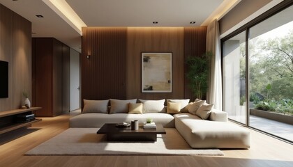 Contemporary Living Room with Beige Sectional and Wood Decor
