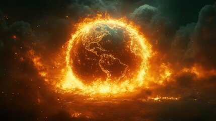 Wall Mural - a burning planet earth, engulfed in flames, represents the urgent dangers of global warming and envi