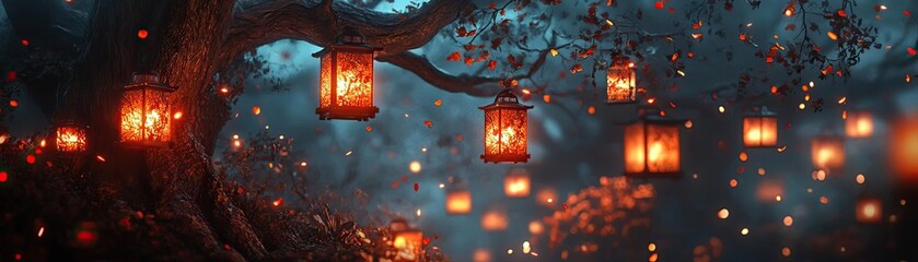 Poster - A magical nighttime scene featuring glowing lanterns hanging from branches, surrounded by a serene, misty forest atmosphere.