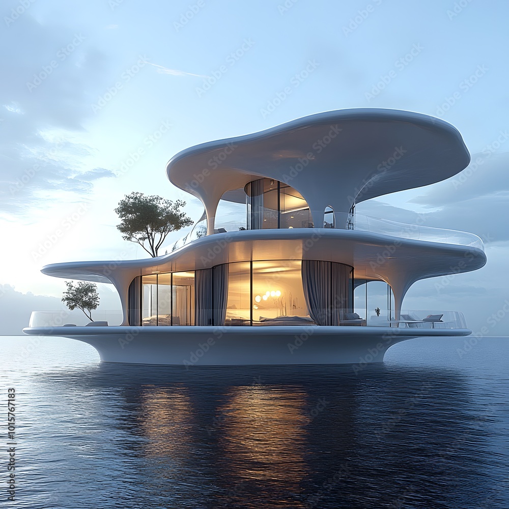 Modern architectural design of a floating house on water. Stock ...