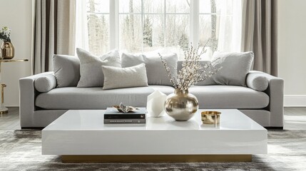Aufkleber - A cozy living room features a light gray couch adorned with decorative cushions