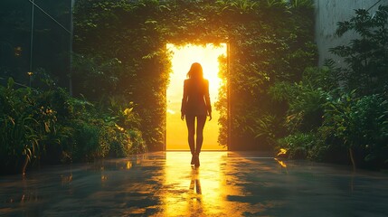 A businesswoman walks toward an open door leading to a green, sustainable future, symbolizing environmental hope.