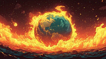 Wall Mural - a cartoon illustration showing the planet earth engulfed in flames, representing the urgent crisis o