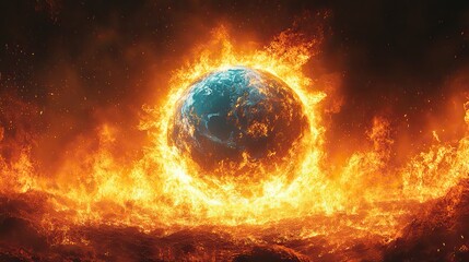 Wall Mural - a cartoon illustration showing the planet earth engulfed in flames, representing the urgent crisis o
