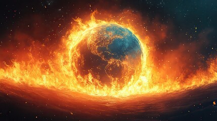 Wall Mural - a cartoon illustration showing the planet earth engulfed in flames, representing the urgent crisis o