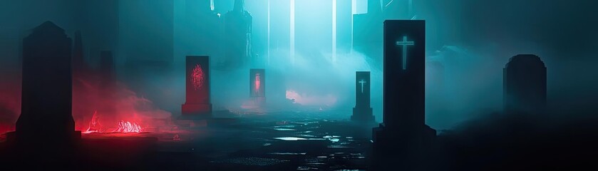 Poster - A haunting graveyard scene shrouded in mist, illuminated by eerie light, creating a chilling atmosphere of mystery and solitude.