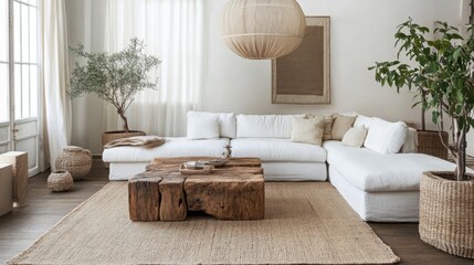 Aufkleber - A cozy living area features a spacious white sofa adorned with cushions, a rustic wooden coffee table, and potted plants, all bathed in natural light from large windows, creating a warm atmosphere.