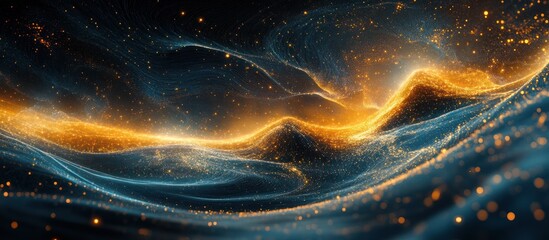 Canvas Print - Abstract digital art of swirling particles, creating a wave-like effect in a dark background with an orange glow.