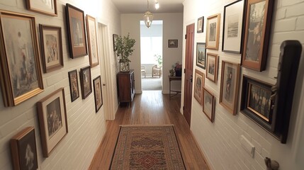 Poster - A once-dull hallway turned into an inviting space with a DIY gallery wall of family photos and artwork, complemented by a hand-painted mural or textured wallpaper.  