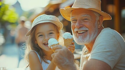 Sticker - A happy grandfather and his smiling little girl eating ice cream at an outdoor cafe on a summer day with the sun shining and warm colors 