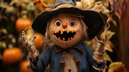 A whimsical scarecrow character stands in a harvest setting, surrounded by pumpkins and autumn foliage. The scarecrow features a wide, toothy grin with a carved wooden face that adds a playful yet eer