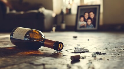 Poster - A broken wine bottle on the floor with a family photo in the background, symbolizing the destructive effect of alcohol addiction on family relationships  