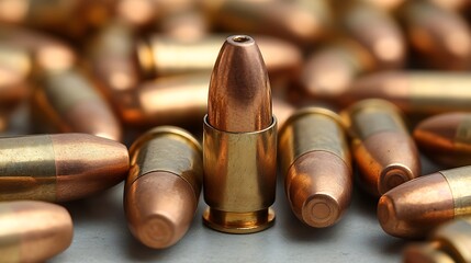 A single bullet stands out from a group of other bullets on a white surface.