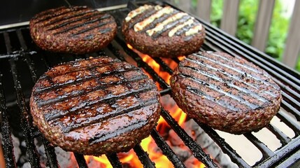 Delicious grilled burgers sizzling on a barbecue, perfect for summer cookouts and outdoor gatherings.