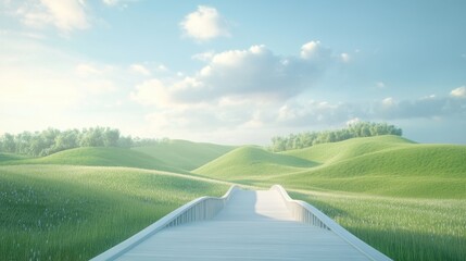 Wall Mural - a long, white bridge spans a grassy field with a clear blue sky above