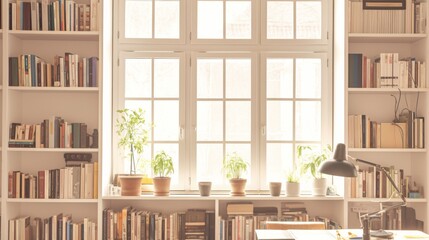 A bright and inviting office space featuring white bookshelves filled with books and vibrant color accents.