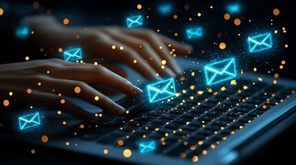 Poster - Hands Typing on Laptop with Email Icons Floating