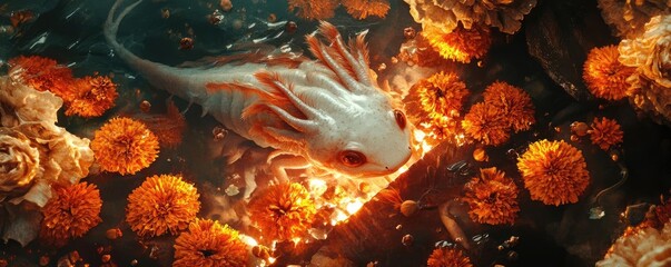 Poster - A serene underwater scene featuring a vibrant amphibian gracefully swimming among colorful aquatic plants.