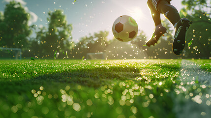 little boy playing football on the green field