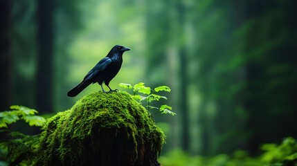 Wall Mural - A crow perched on a mossy stump in a lush green forest.