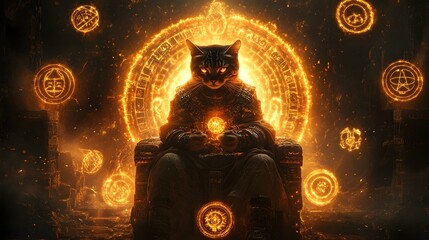 Mystical Cat Deity Enthroned in Celestial Glow