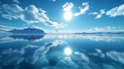 Wall Mural - A stunning view of a pristine, frozen landscape with a brilliant blue sky reflecting in the calm water.