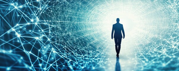 Aufkleber - A silhouette of a person walking towards a bright light, symbolizing hope, connection, and digital transformation.