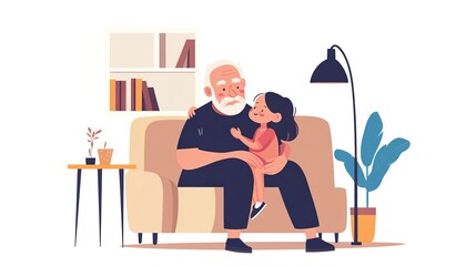 Poster - An elderly man with a little girl in the room. They hug, have fun and rejoice at the meeting. A little granddaughter and her grandfather are sitting on the sofa and hugging. Caring for the elderly. 