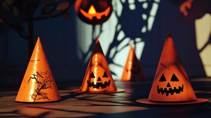 Spooky Halloween decorations featuring orange party hats with jack-o'-lantern designs and eerie shadows.